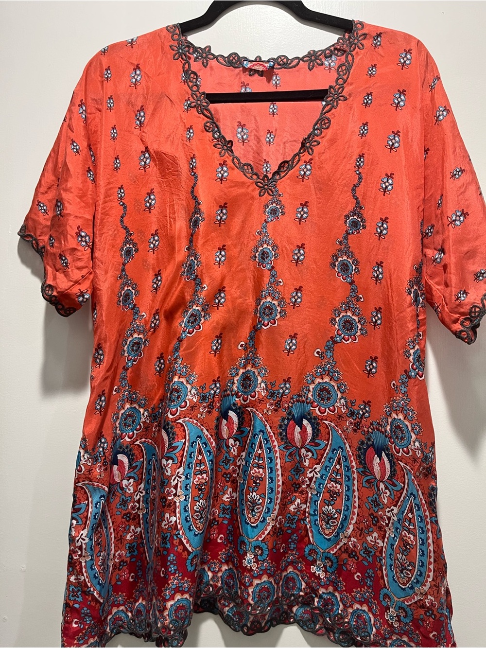 Johnny Was Womens Coral Paisley Embroidered V-Neck Tunic Top
